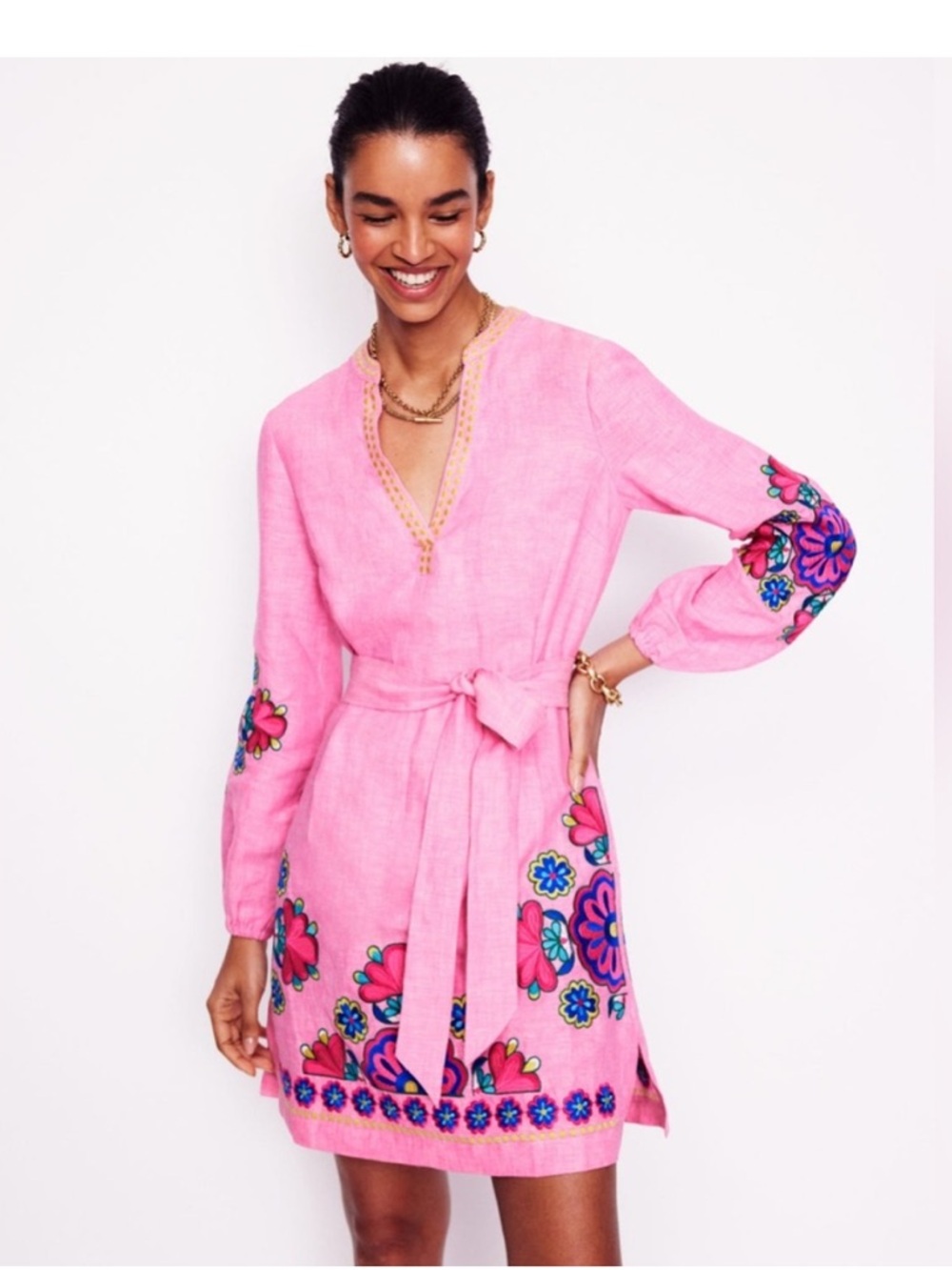 Boden Cleo Linen Tie Waist Dress Pink Chambray Embroidered Floral Flower 16 18 R